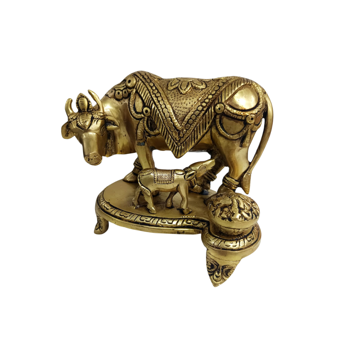 Premium Brass Kamadhenu Cow With Calf Idol / Sacred Vastu & Pooja Statue Spiritual Home Decor Gift
