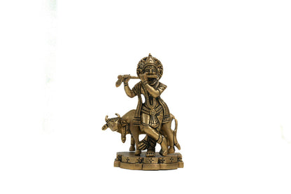 Traditional Brass Lord Krishna Playing Flute with Cow Idol – Auspicious Pooja & Home Decor