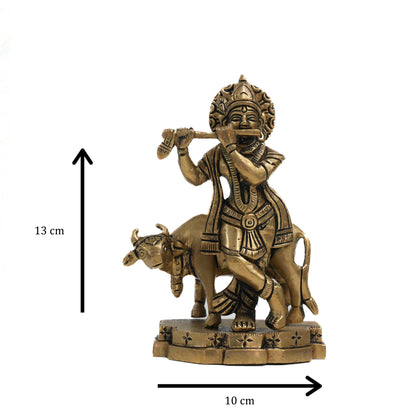 Traditional Brass Lord Krishna Playing Flute with Cow Idol – Auspicious Pooja & Home Decor