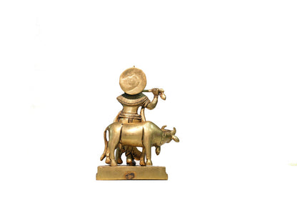 Traditional Brass Lord Krishna Playing Flute with Cow Idol – Auspicious Pooja & Home Decor