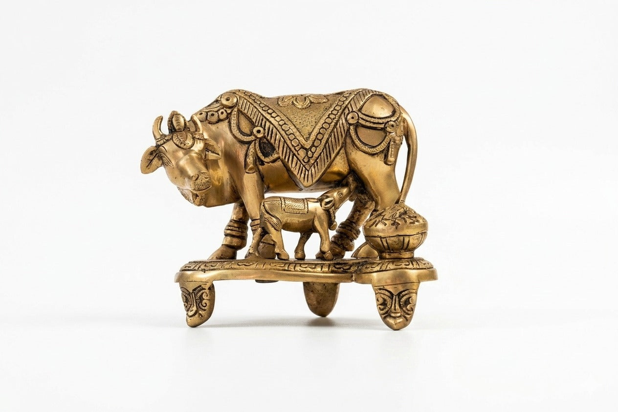 Premium Brass Kamadhenu Cow With Calf Idol / Sacred Vastu & Pooja Statue Spiritual Home Decor Gift
