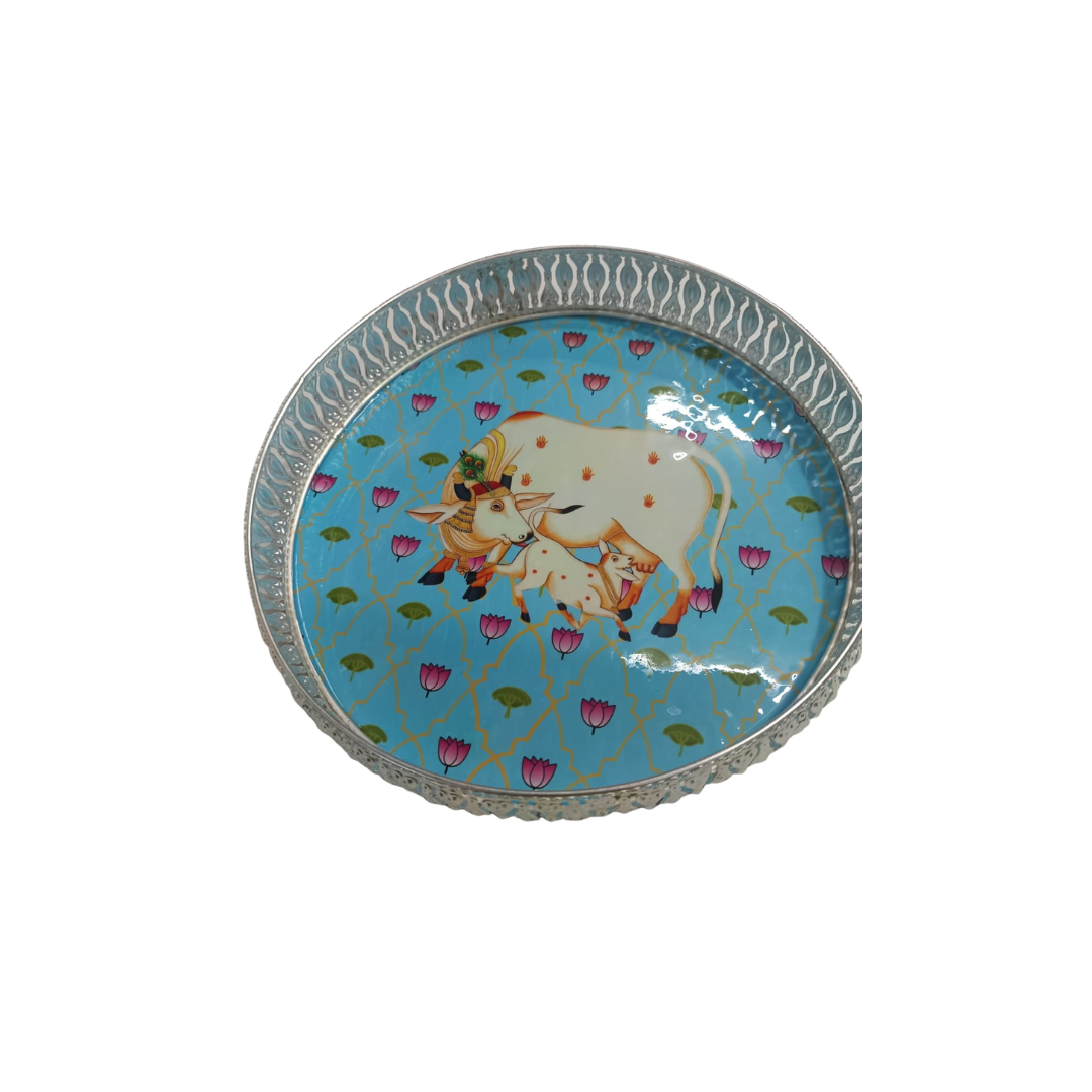 12 Inch German Pichwai Tray – Handcrafted German Silver Finish Decorative Return Gift