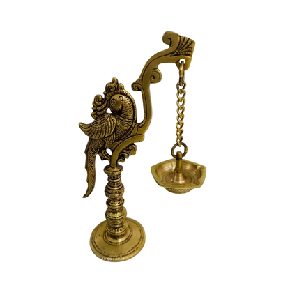 Antique Brass Parrot Long Chain Hanging Oil Lamp – Traditional Pooja Decor