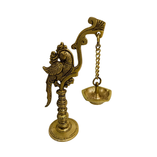 Antique Brass Parrot Long Chain Hanging Oil Lamp – Traditional Pooja Decor