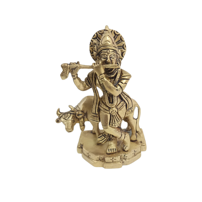 Traditional Brass Lord Krishna Playing Flute with Cow Idol – Auspicious Pooja & Home Decor