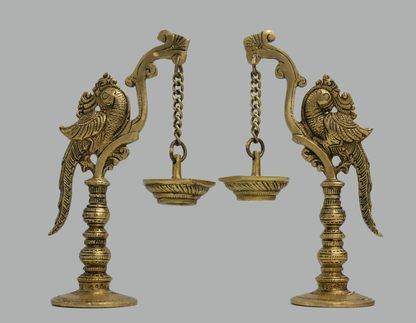 Antique Brass Parrot Long Chain Hanging Oil Lamp – Traditional Pooja Decor